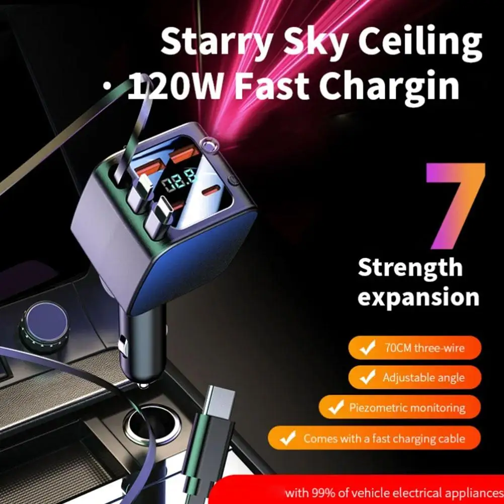 

Сверхбыстрое автомобильное зарядное устройство мощностью 120 Вт — выдвижной кабель с подсветкой и дисплеем напряжения для автоматической зарядки iPhone Q4W2
