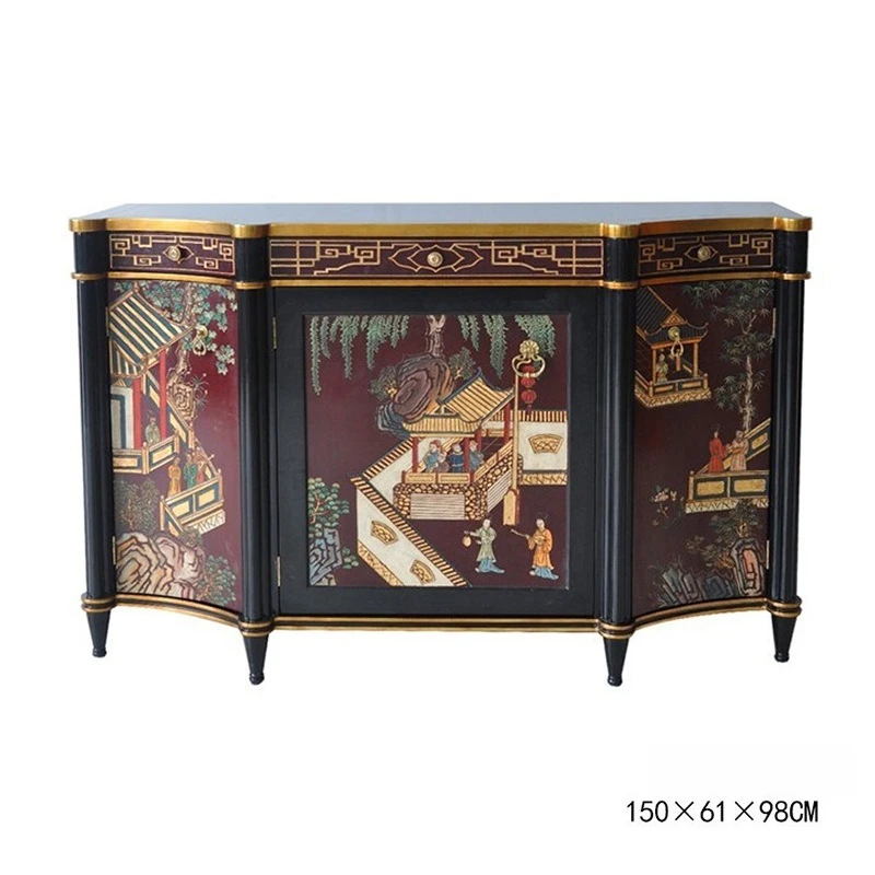 

Living room furniture Entrance cabinet black red hand-painted landscape Locker foyer cabinet furniture