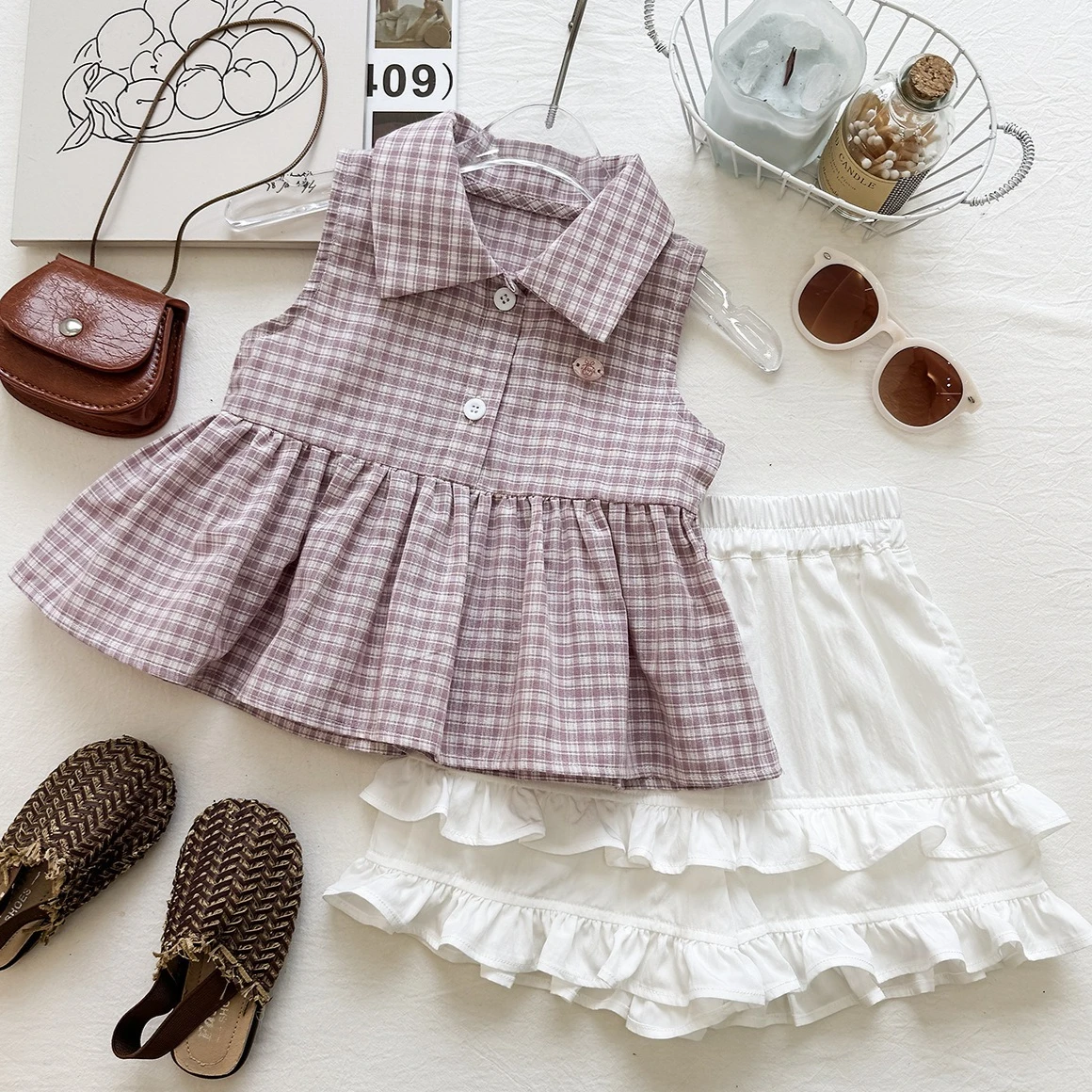

Girls' Suit 2026 Spring and Summer New Children's Clothes Korean Style Girl Baby Lapel Check Vest Lace Shorts Two Sets