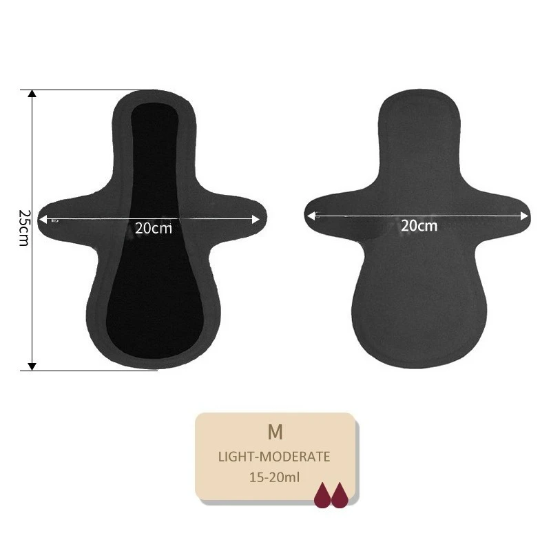 Toallas sanitarias reutilizables, lavables, a prueba de fugas, para mujeres y ancianos, tela para incontinencia, servilleta Menstrual negra, cierre de gancho de 250mm, antideslizante