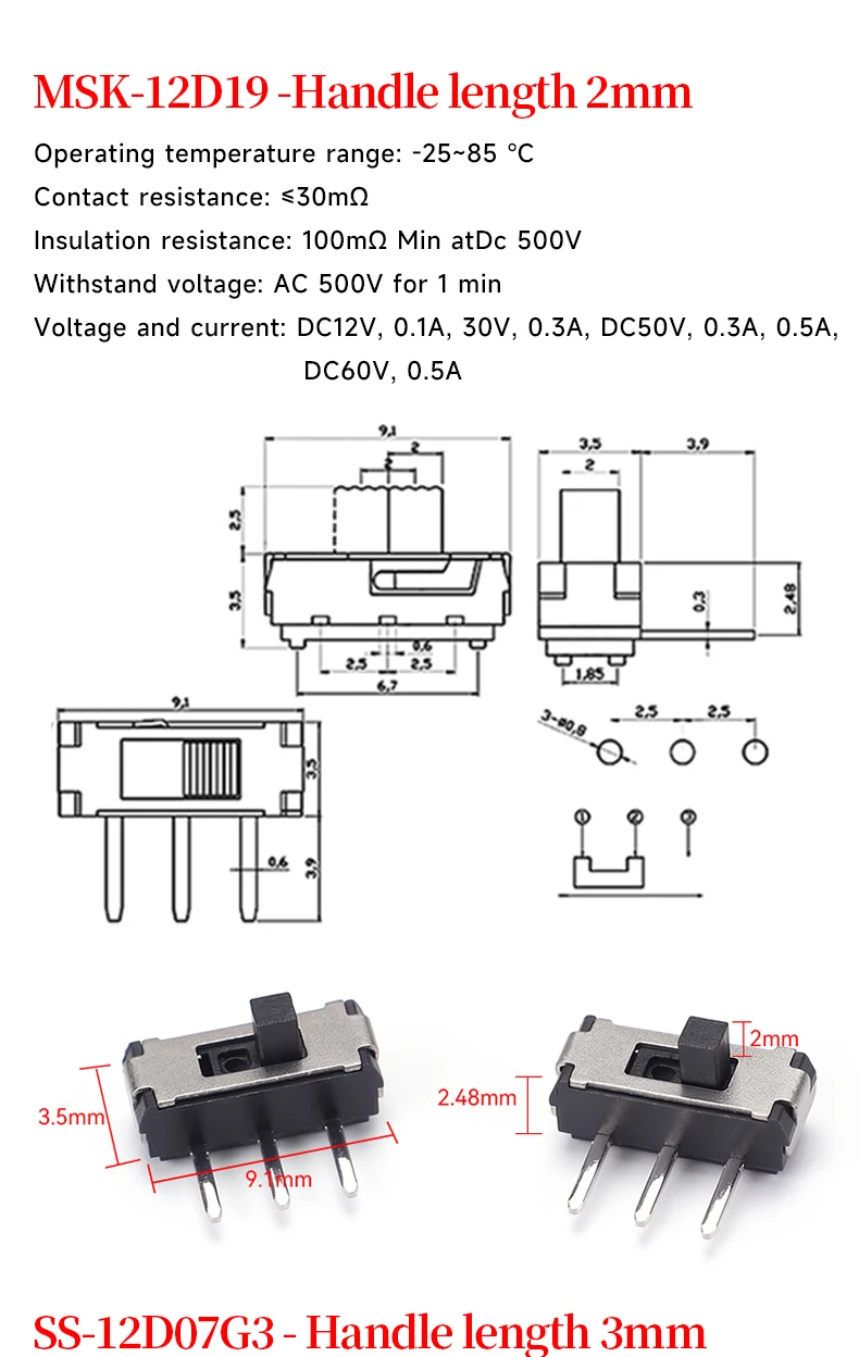 5 Stück Mini-SPDT-Schiebe-Kippschaltergriff 3/5mm MSS-22D018 SS-12D00 SK-22D07 MSK-12C02 SS-12F44 MSK23D19 - Elektronisches Bauteil – Detail 1