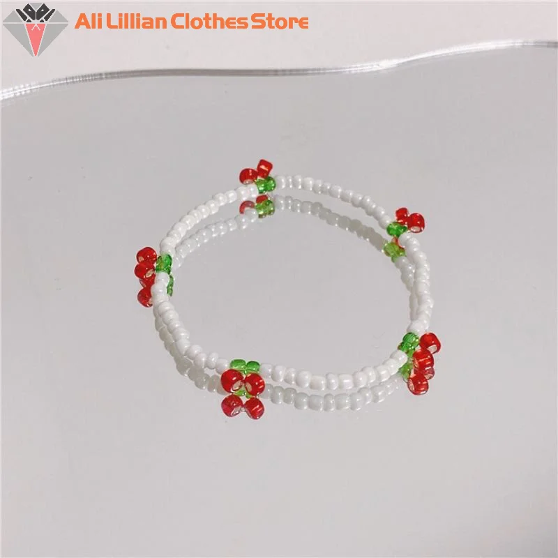 Summer Niche Fresh White Crystal Beaded Bracelet Hand-woven Stylish Simplicity Cherry Bracelet Jewelry Girls Party Gifts