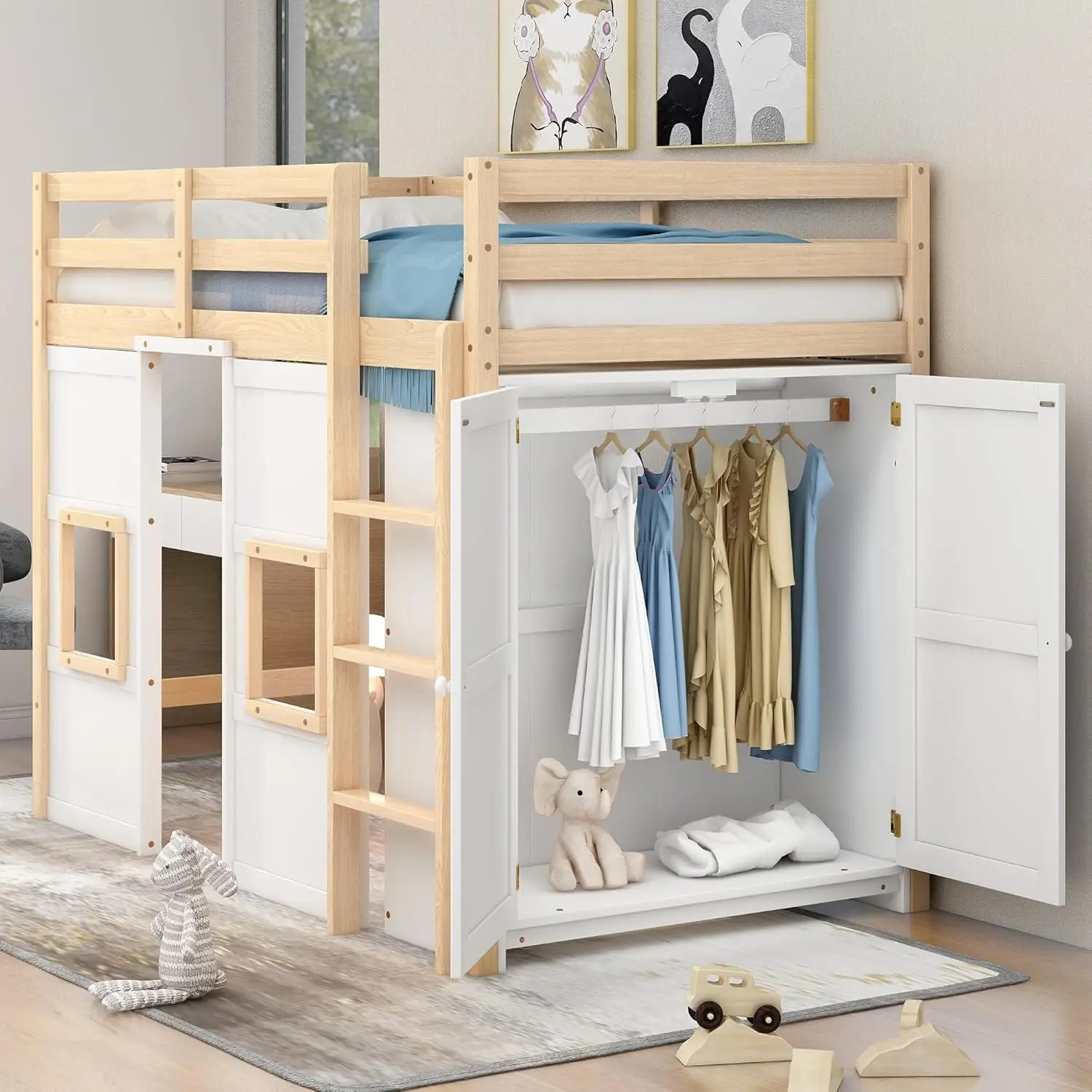 Twin Size Loft Bed with Wardrobe, Wood Playhouse Loft Bed Frame with Storage for Kids, High Loft Bed with Ladder and Guardrails