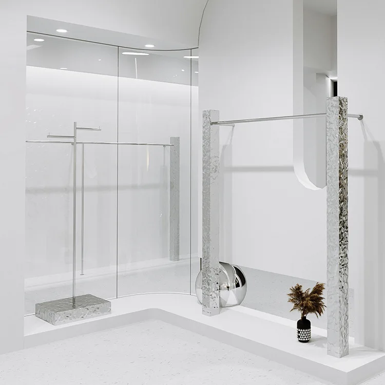 Water ripple, stainless steel, clothing store, upper wall, display rack, hanger, floor