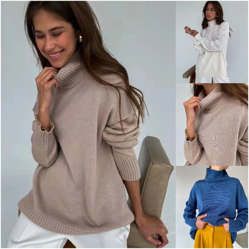 

Turtleneck Knitted Sweater Women, Autumn And Winter New Thickened Solid Color Loose Long Sleeve Pullover Sweater Women,