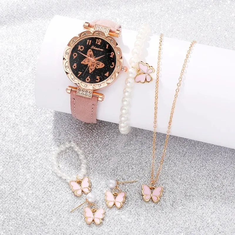 Pink Pearl Butterfly Watches for Women Fashion Rhinestone Casual Bracelet Watch Simple Female Clock Ladies Quartz Wristwatches