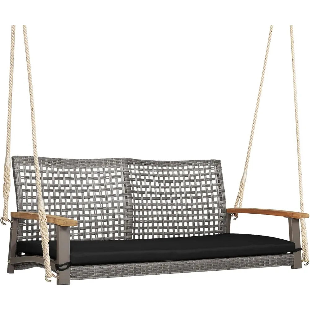 2-Seater Outdoor Porch Swing - Patio PE Rattan Hanging Swing Bench with Seat Cushion and Strong Hanging Ropes, Wicker Swing