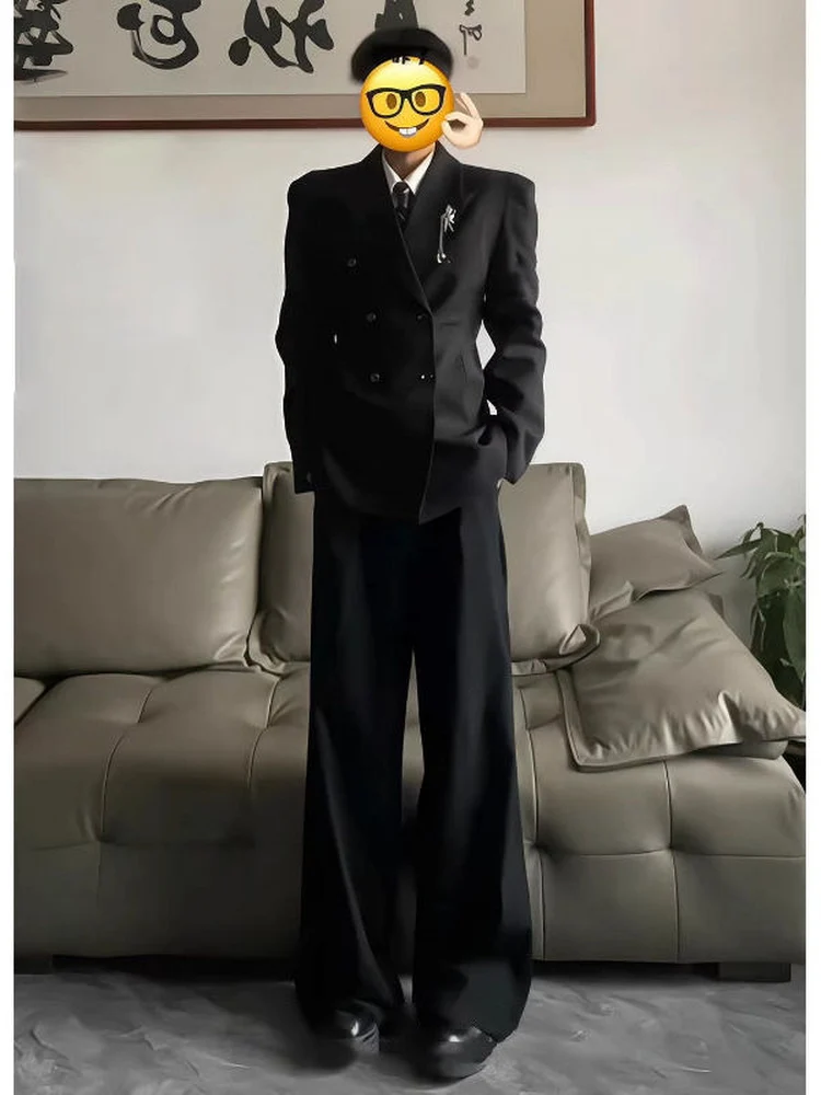 Black Straight Leg Trousers Men's High-End Drape CleanFit Pants Pleated Knife Wide Leg Casual Pants Youth Fashion Summer