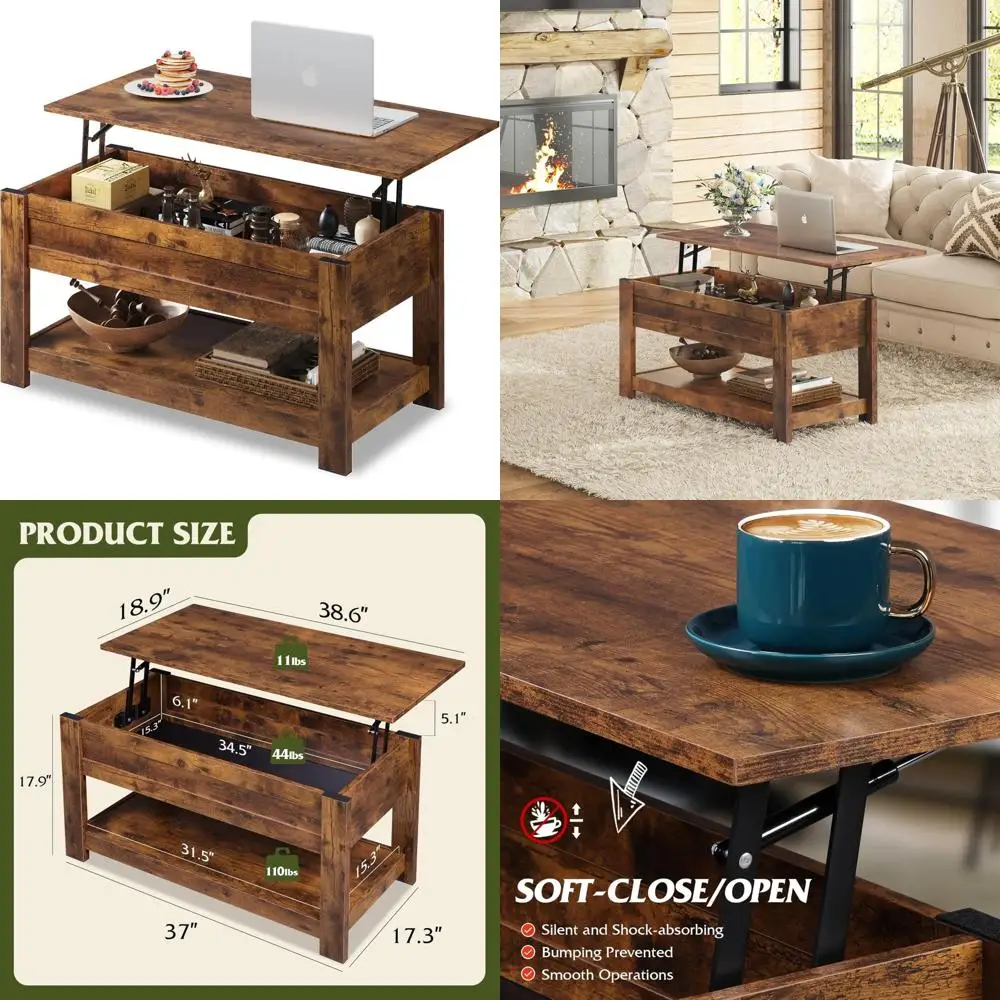 

Lift Top Coffee Table 39 with Storage Shelf, Hidden Compartment, Rustic Brown for Living Room