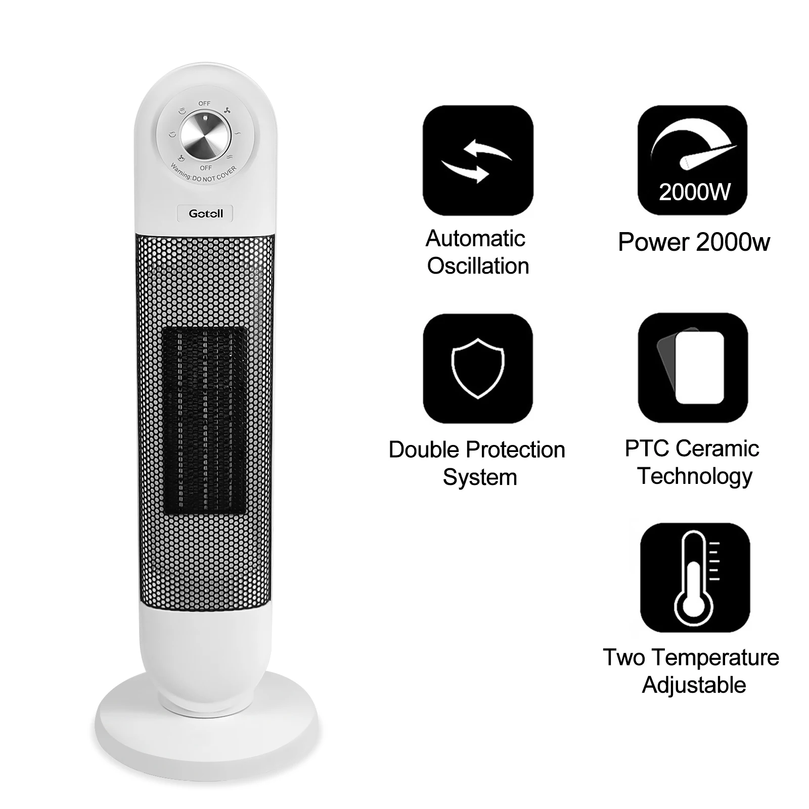 Ceramic Fan Heater with Two Heat Settings, Ceramic Electric Heater with 65 Degree Oscillation, Tilt Protection & Overheating Pro