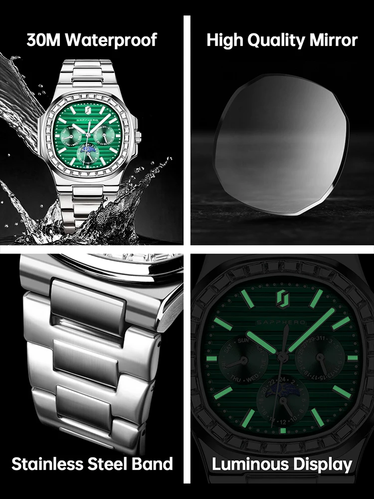 SAPPHERO Relojes para hombre Relojes de cuarzo de negocios de lujo Relojes luminosos con diamantes de acero inoxidable Relojes Regalos para hombres