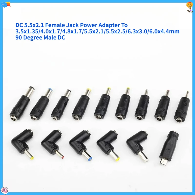2PCS DC 5.5x2.1 Female Jack to Various Male Jack Adapters 3.5mm 4mm 4.8mm 5mm 5.5mm 6mm 6.3mm Right Angle Power Cable Converters