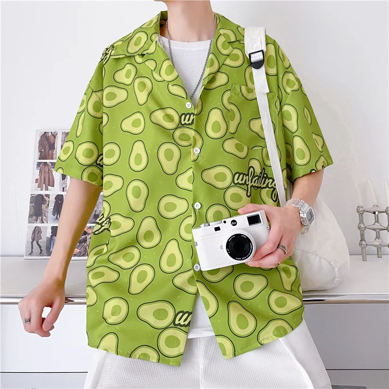 Hot Summer Men Green Button Shirt Hawaiian Casual Shirts Camisa Masculina Avocado Full Printed Daily Top Holiday Beach Clothes