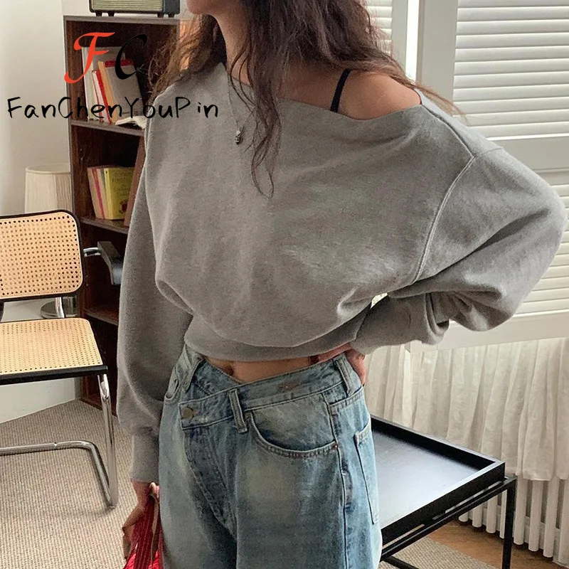 New Women\'s T-shirts Fashion Casual Off-shoulder Long-sleeved Sport Tops Cotton Sweet Loose Cool Hot Short Slim Fit Sweatshirts