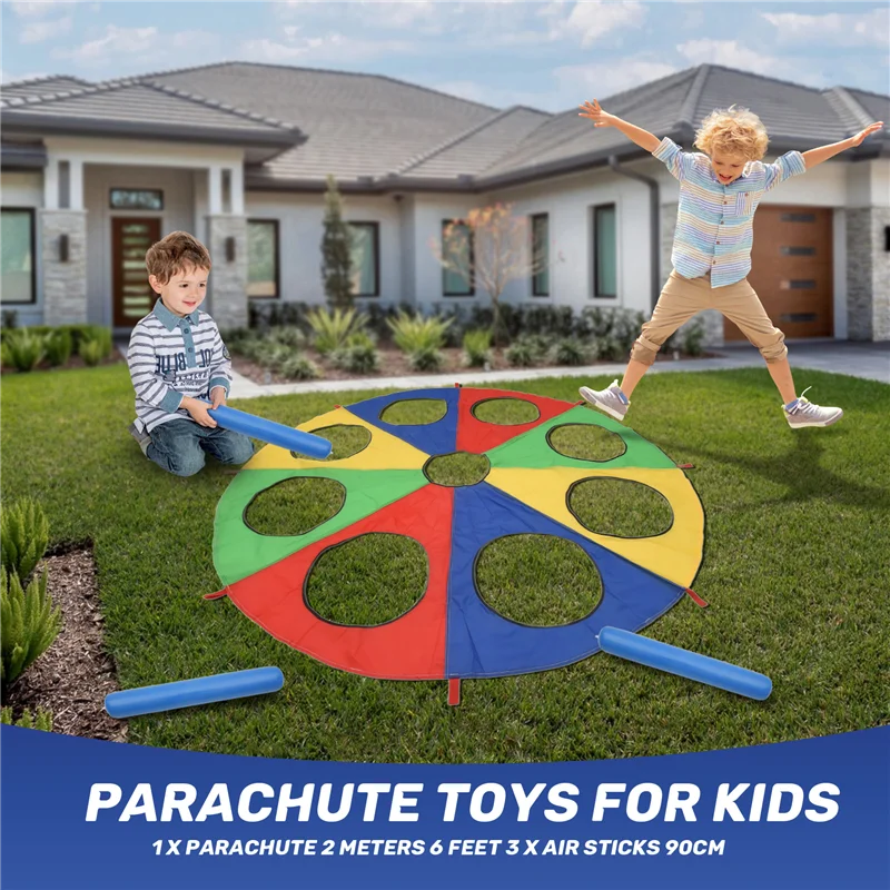 

YSUN-Rainbow Parachute Parachute 6 Feet, Play Parachute Outdoor Game (W Mouse) Activity With 3X Air Sticks 2M