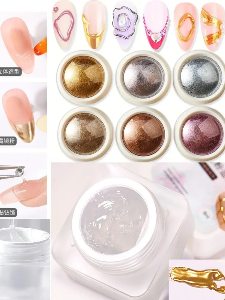 مجموعة واحدة من جل بودرة المرآة السحرية - 1 برطمان بدون مسح جل أظافر نحت 5D مع 6 ألوان بودرة كروم مرآة سحرية