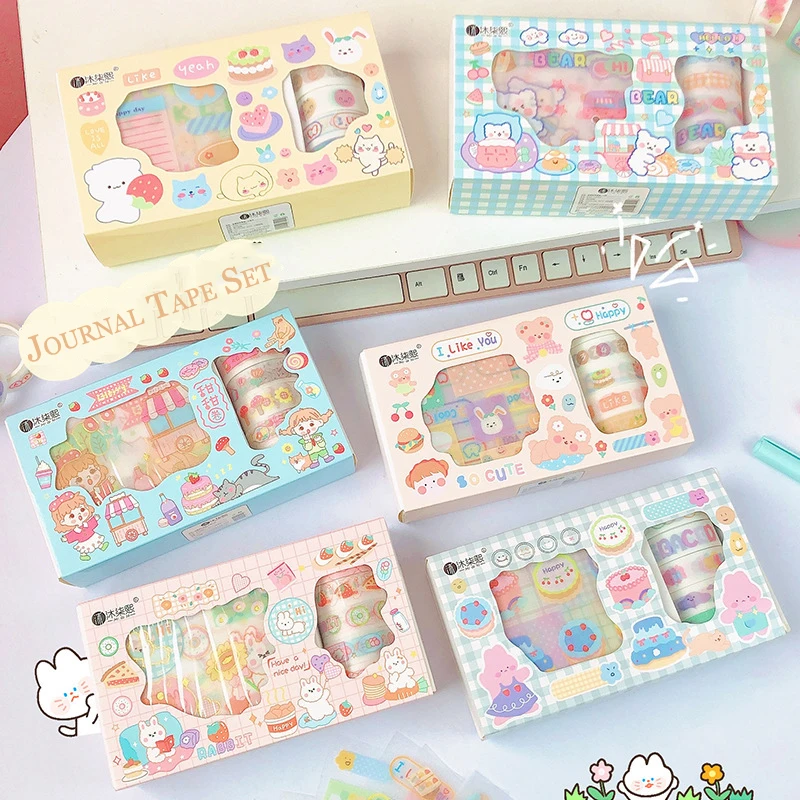 4/5Rolls 8/9Pcs Journal Decoration Washi Tape Stickers Gift Box Set Cute Cartoon Scrapbooking Collage Material Kawaii Stationery