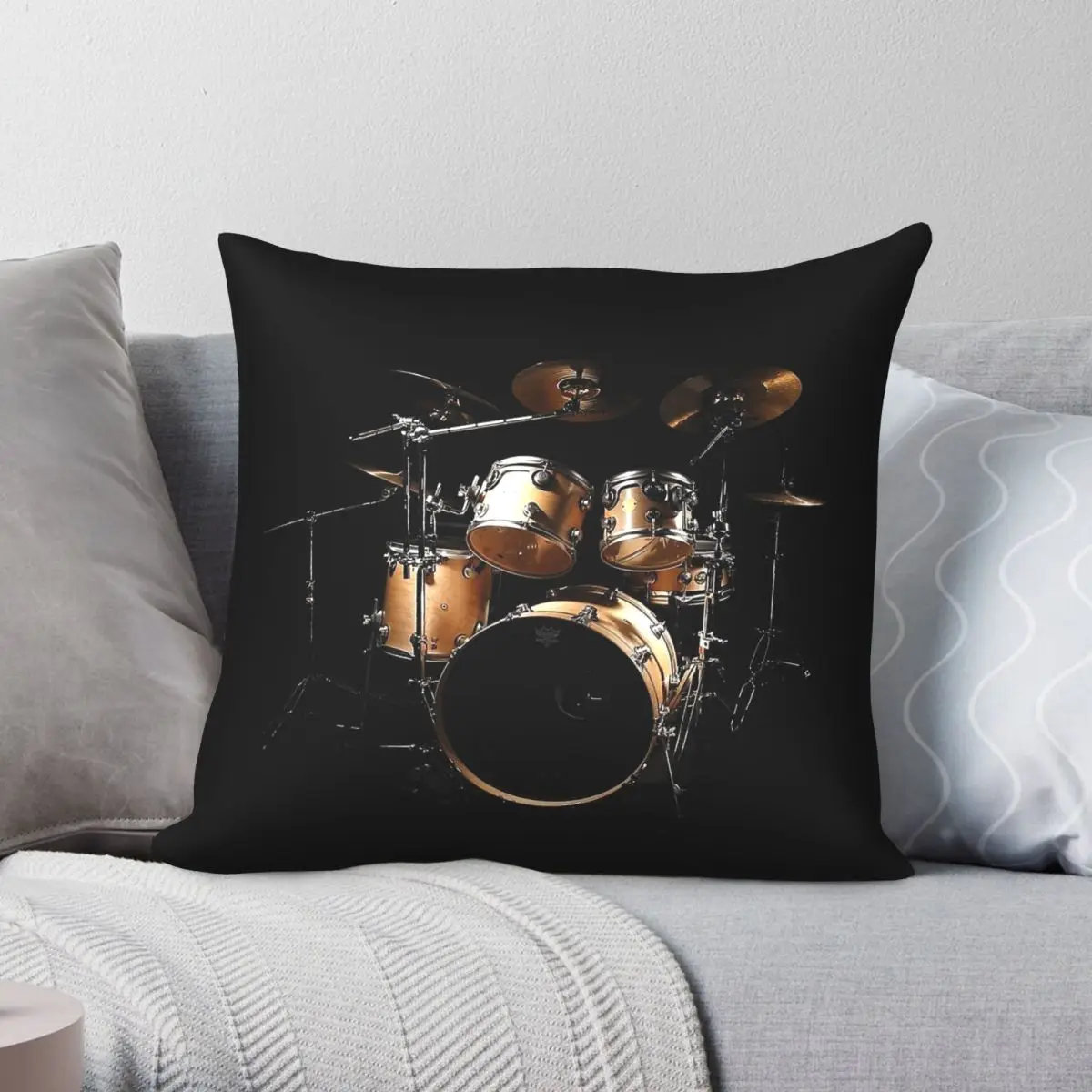 Drum Set Instrument Square Pillowcase Polyester Linen Velvet Pattern Zip Decorative Bed Cushion Cover