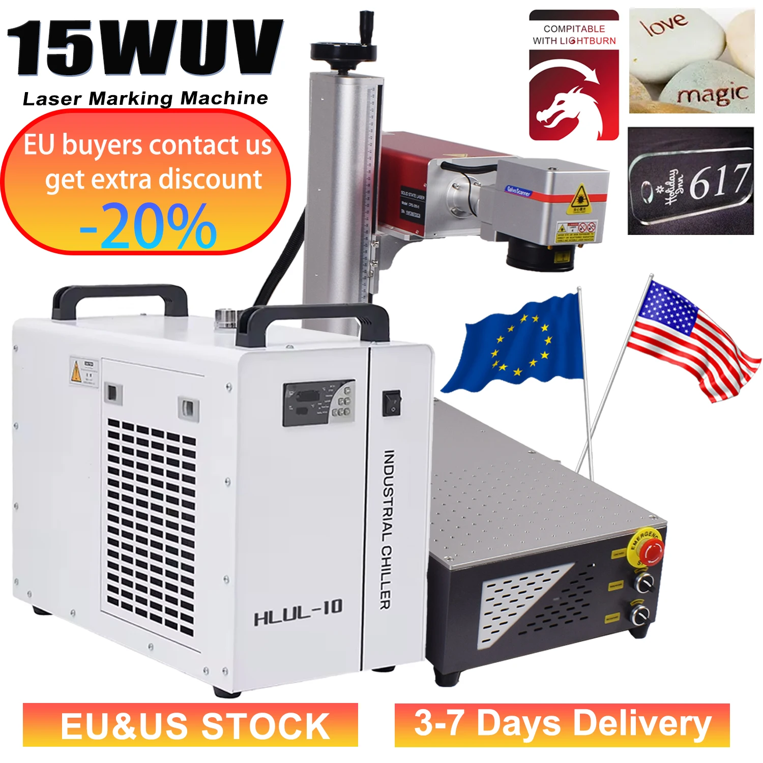 

15W UV Laser Marking Machine CRS 10W 5W 355nm Laser Engraver for Glass/Wood/PVC/Metal/Plastic Leather Water Cooling UV Engraver