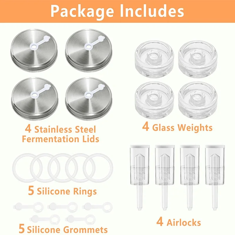 Fermentation Kit, Wide Mouth Mason Jars Pickling Sauerkraut Set Glass Weight, Stainless Steel Lid, Air Lock Valve, Silicone Seal - view 5