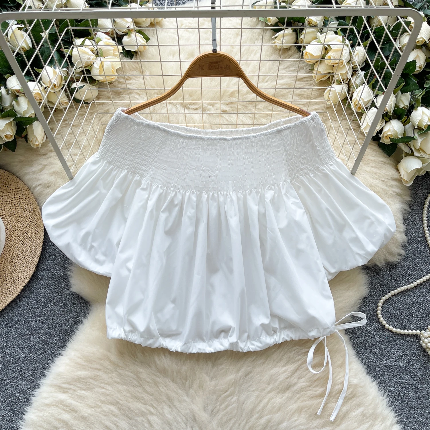 Chic Vintage Kordelzug lose Elegante Mode Sexy Shirt High Street Sommer Frauen Bluse Frauen