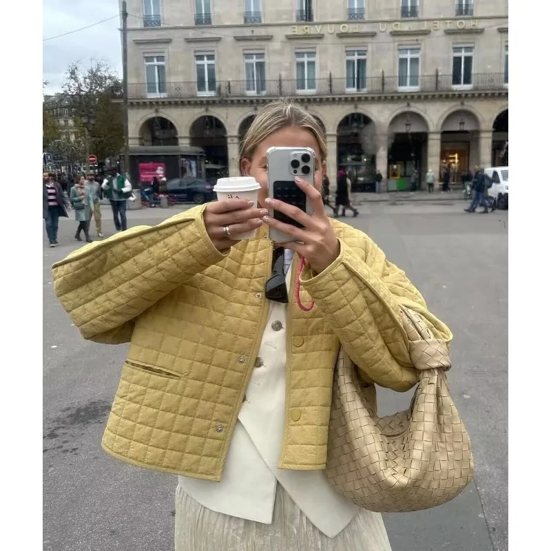 

Women's Clothing Winter O Neck Long Sleeves Single Row of Buttons Checkered Pattern Cotton Coat Outerwear Lightweight Jacket