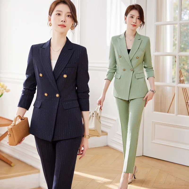 Navy Blue Striped Suit Women's Spring Wear Business Wear Temperament Goddess Style Jewelry Store Manager Work Clothes High-End