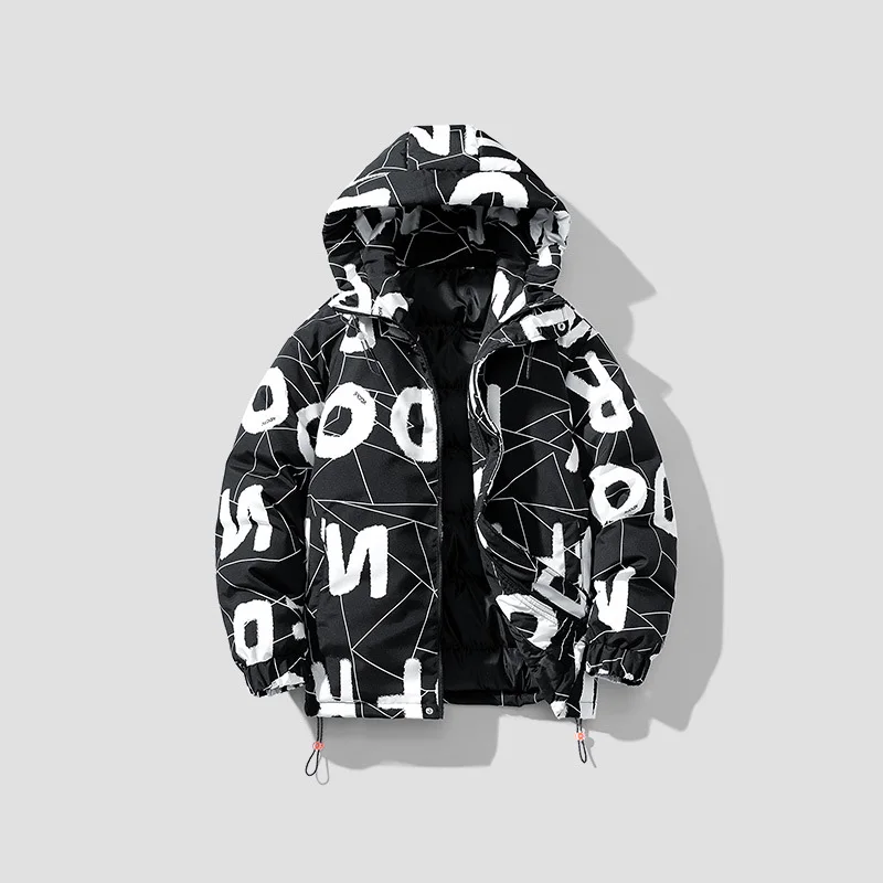 2025 Winter Men Down Coat Fashion Letter Printed Long Sleeve Male Outerwear Thicken Cold-proof Loose Soft Man Hooded Jacket