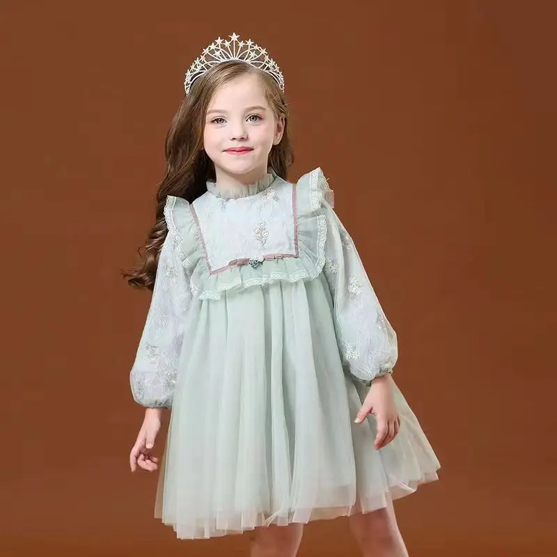 Girl Princess Dress Summer Child Flower Embroidery Mesh Fluffy Dress Kids Sequin Lace Vestido Festa Birthday Party Wedding 2-12Y