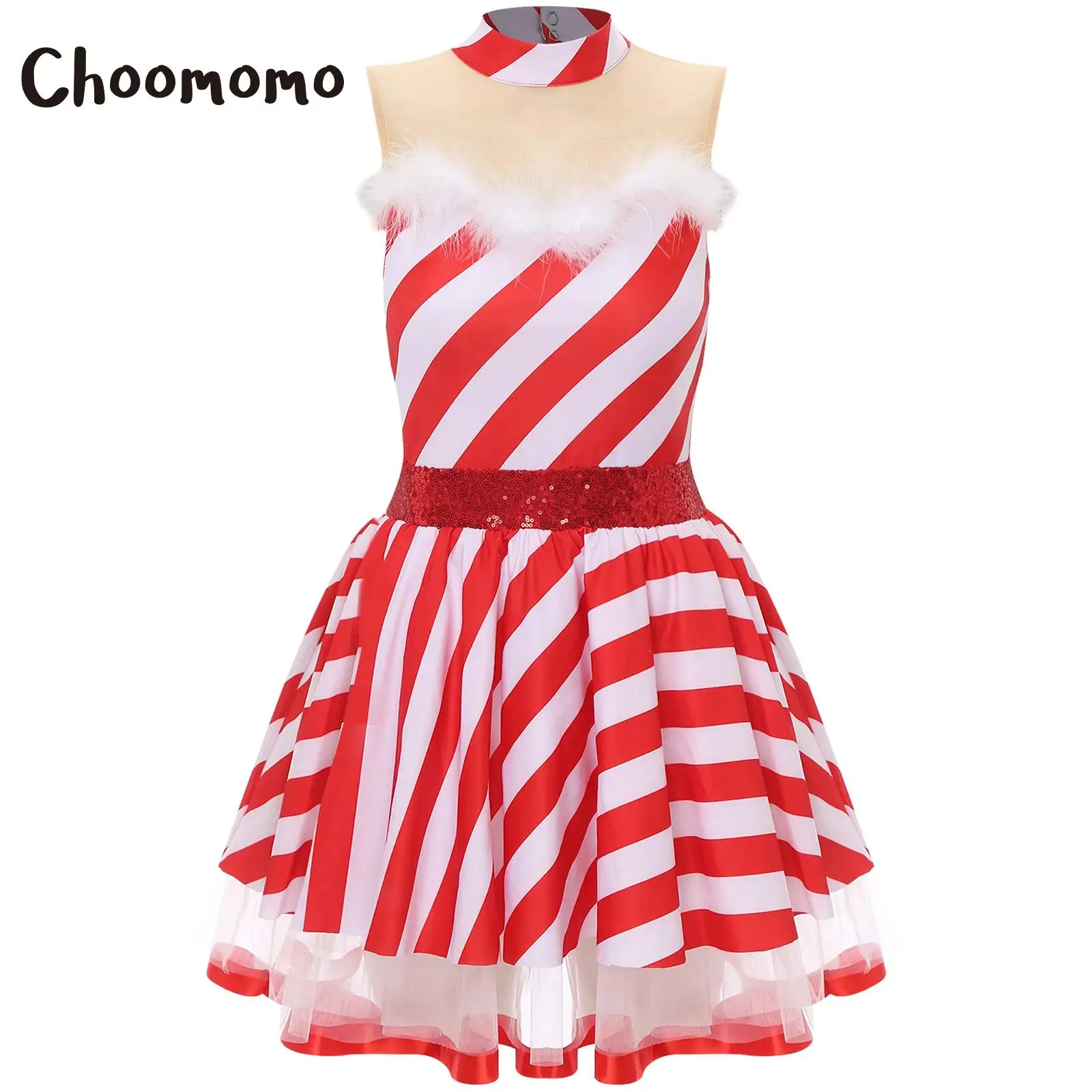 

Women Santa Claus Christmas Dance Costume Sleeveless Sequin Striped Candy Cane Dress Leotard Tutu Dress Ballet Skating Bodysuit