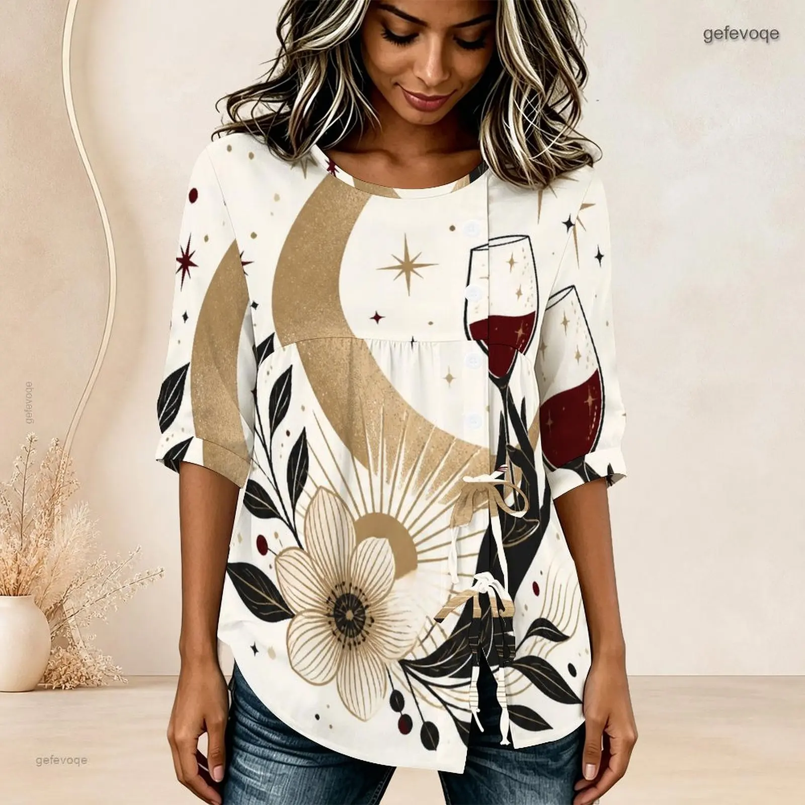 Women Blouse with Print Round Neck Half Sleeve Gathered Front Button Detail Tie Hem