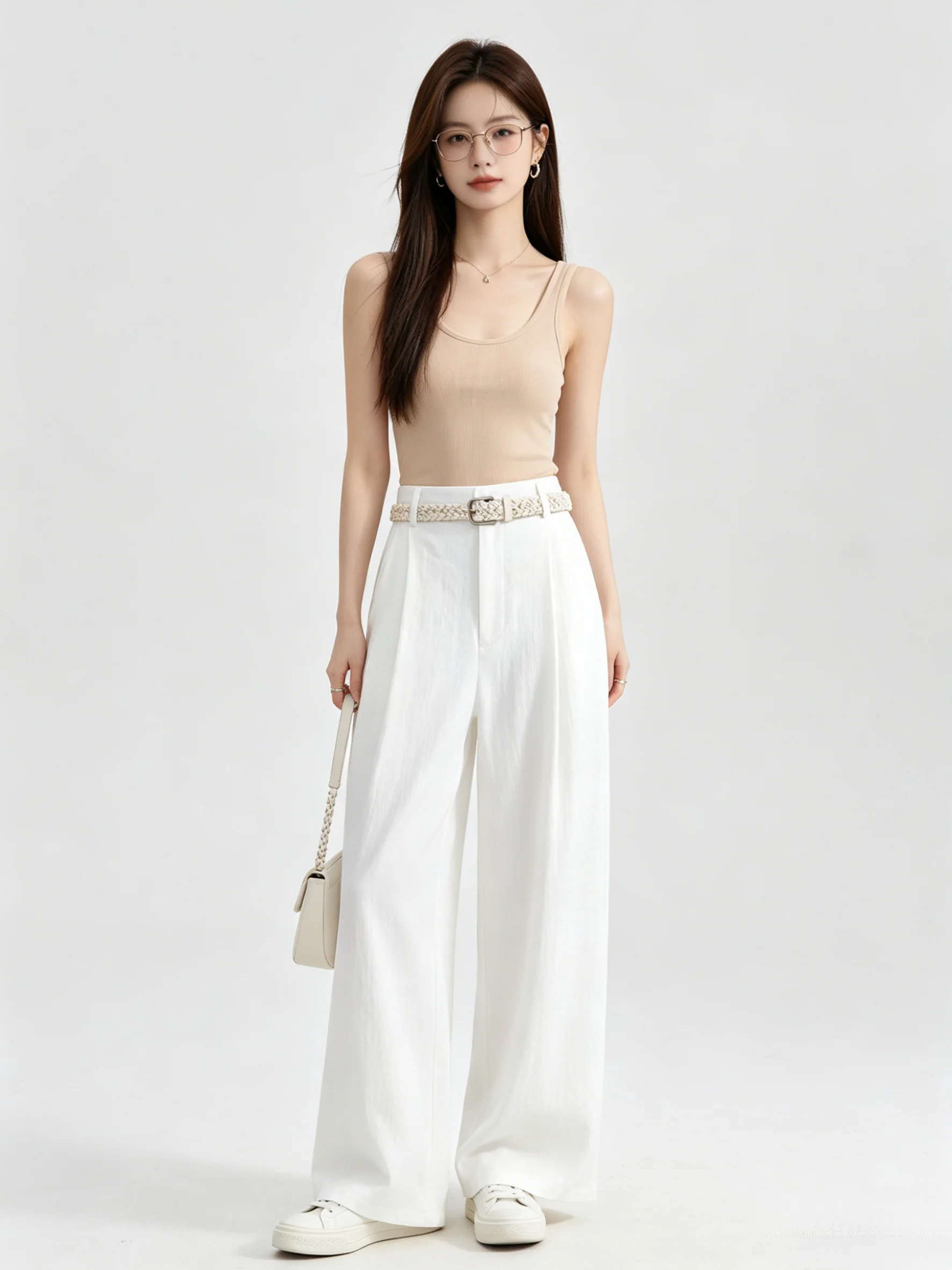 

White High Waist Wide Leg Pants Draping Breathable Skin-friendly Summer New Style Casual Long Trousers Slimming Versatile
