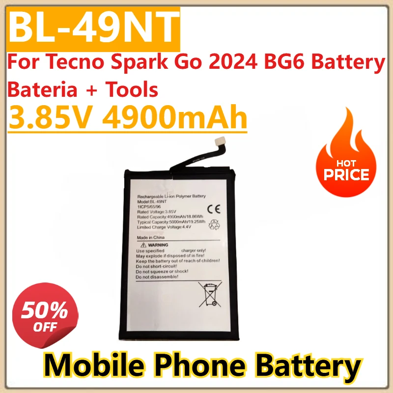 

Высокое качество, новый аккумулятор 3,85 В 4900 мАч BL-49NT для Tecno Spark Go 2024 BG6 + инструменты