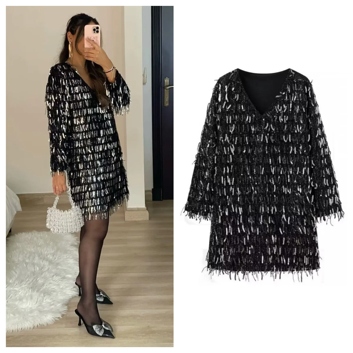 PB&ZA 2024 Women\'s Summer New Fashion Tassel Sequin Hemp Bag Decoration Mini Neck Long sleeved Dress