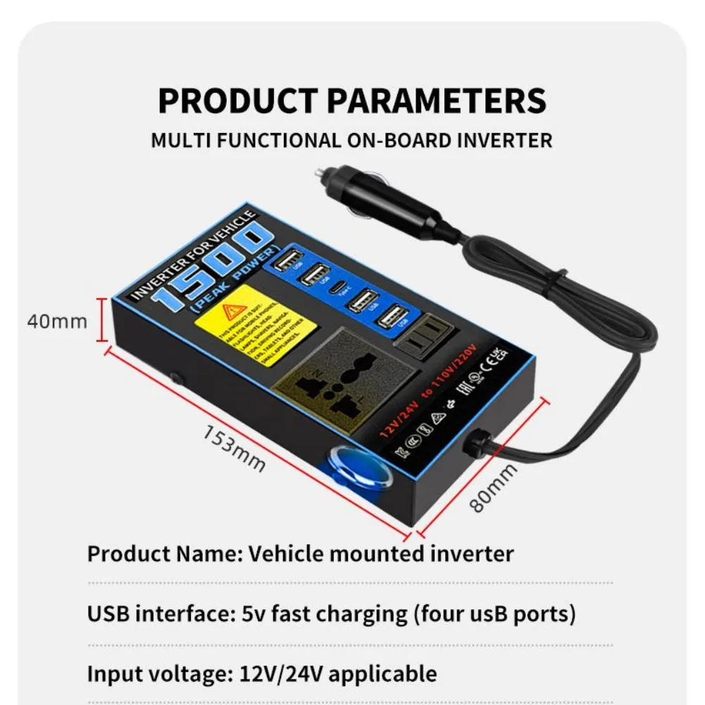 محول طاقة السيارة 12 فولت 24 فولت إلى 110 فولت 220 فولت شاحن مقبس السيارة مع منفذ USB PD شحن سريع ووظيفة السلامة #5