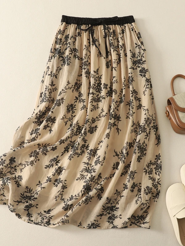 Spódnica midi w stylu retro z bawełny i lnu z nadrukiem, damska, letnia, nowa, z wysokim stanem, luźna, w kształcie litery A, w dużych rozmiarach.