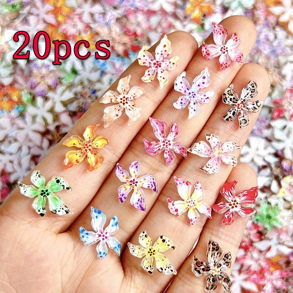 20pcs 3D Lily Flowers Nail Charms Ice Translucent Colorful Flower Rhinestones for Nails Resin Lily Petals Floral Nail Decoration