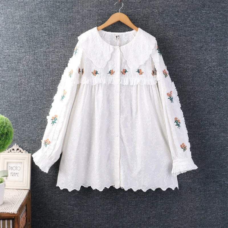 Spring Sweet Long Sleeve Embroidered Shirt Women Single Breasted Casual Tops HT2601