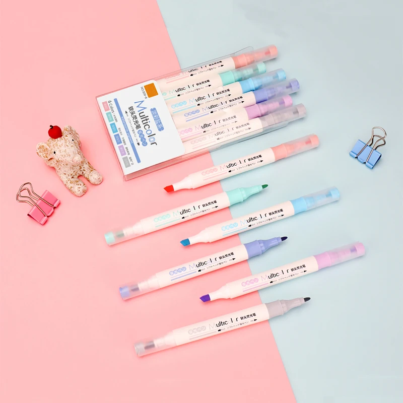 6pcs/Box Soft Head Double Head Fluorescent Pen Colorful Art Mark Painting Pen Colorful Highlighters School