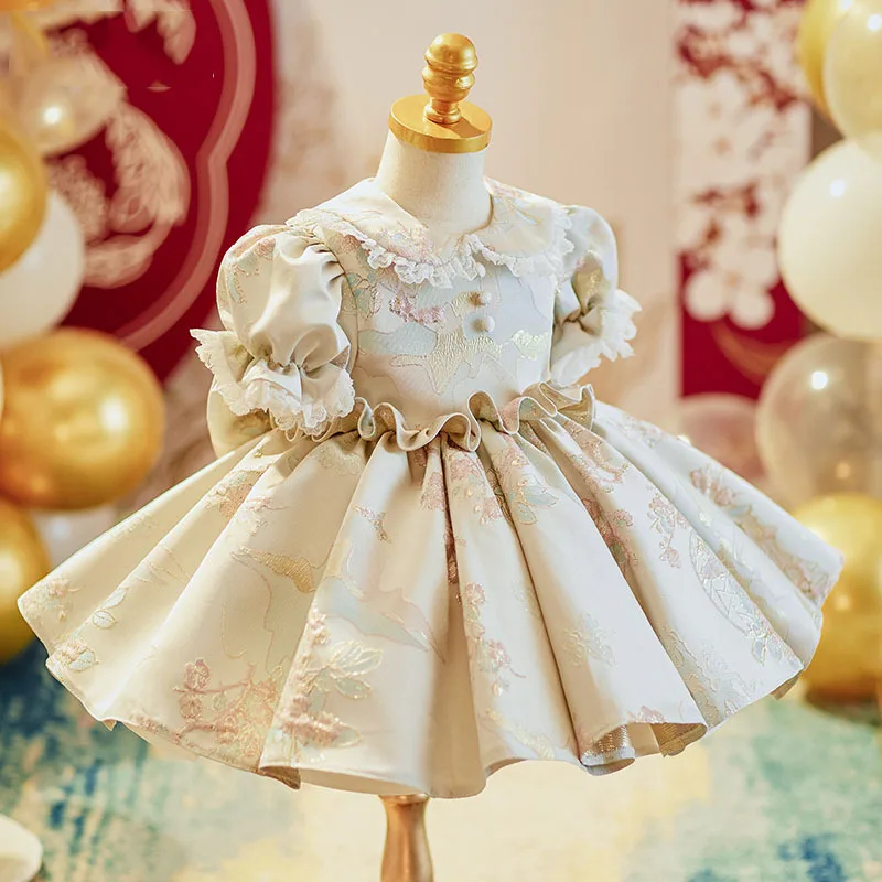 2024 Gala Dress for Baby Girls Kids Printed  Ruched Ball Gowns with Bow for First Birthday Party Children Pageant Fomal Dresses