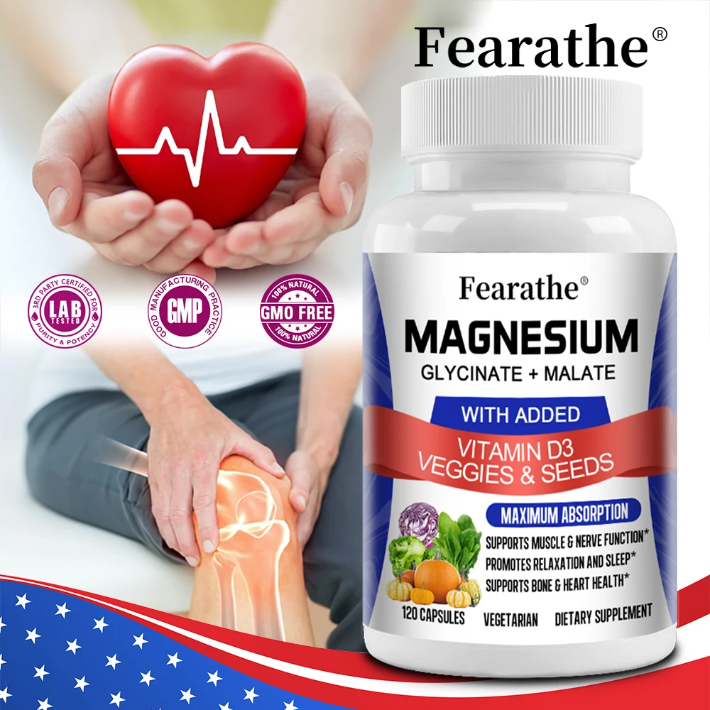 Magnesium Glycinate & Malate Complex, Vitamin D3, 100% Chelated for Maximum Absorption, Vegetarian - Bone Health, Nerve, Muscle