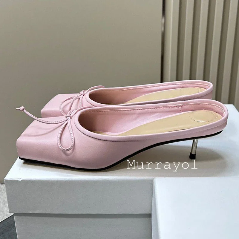 New Genuine Leather Butterfly-knot Decor Slippers Women Square Toe Closed Toe Thin Heels Sandals Summer Dress Shoes Pumps