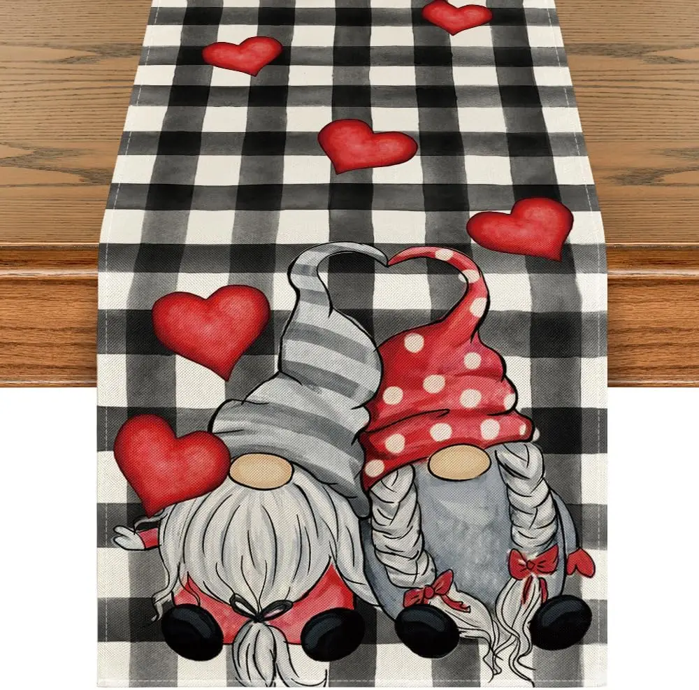 1 Stück, schwarz-weiß karierter herzförmiger Zwerg-Tischläufer, ein Geschenk für Ihre Freundin, geeignet für Hochzeiten, Küchen, Esstische und Familientreffen, Feiertags- und Jubiläumsdekorationen,