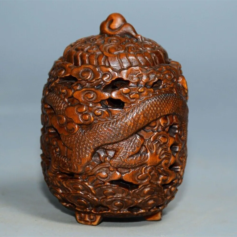 

China Natural Boxwood Carved Dragon Statue Nice Cricket Pot Insect Storage Box