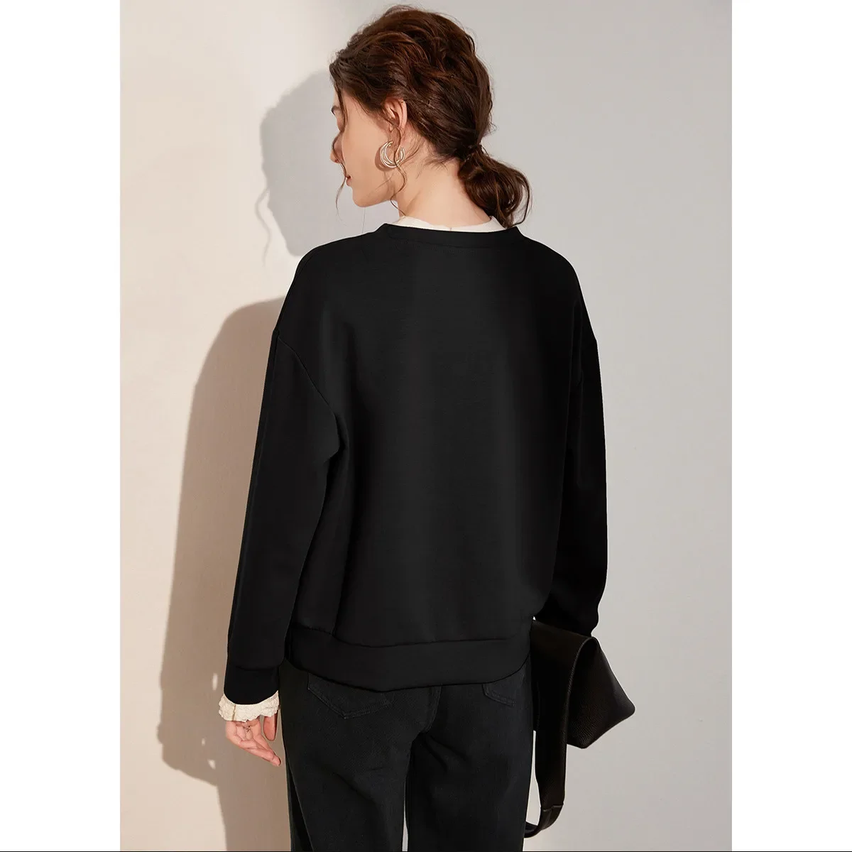 LOUIS YAO 2025 Autumn Round Neck Long Sleeve Spliced Lace Casual Fashion Micro Elastic Loose Printed Shoulder Women's Hoodie