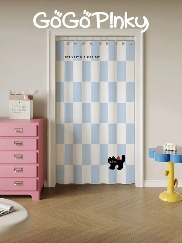 VIKAMA Blue White Checkered Cat Noren Split Door Curtain Room Divider Privacy Curtain for Bedroom Apartment Cozy Home Decor