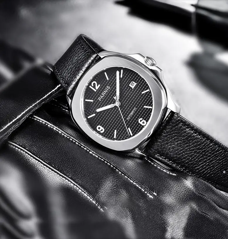 Parnis 39mm Mens Wristwatch Stainless Steel Mechanical Automatic Watch with Leather Strap