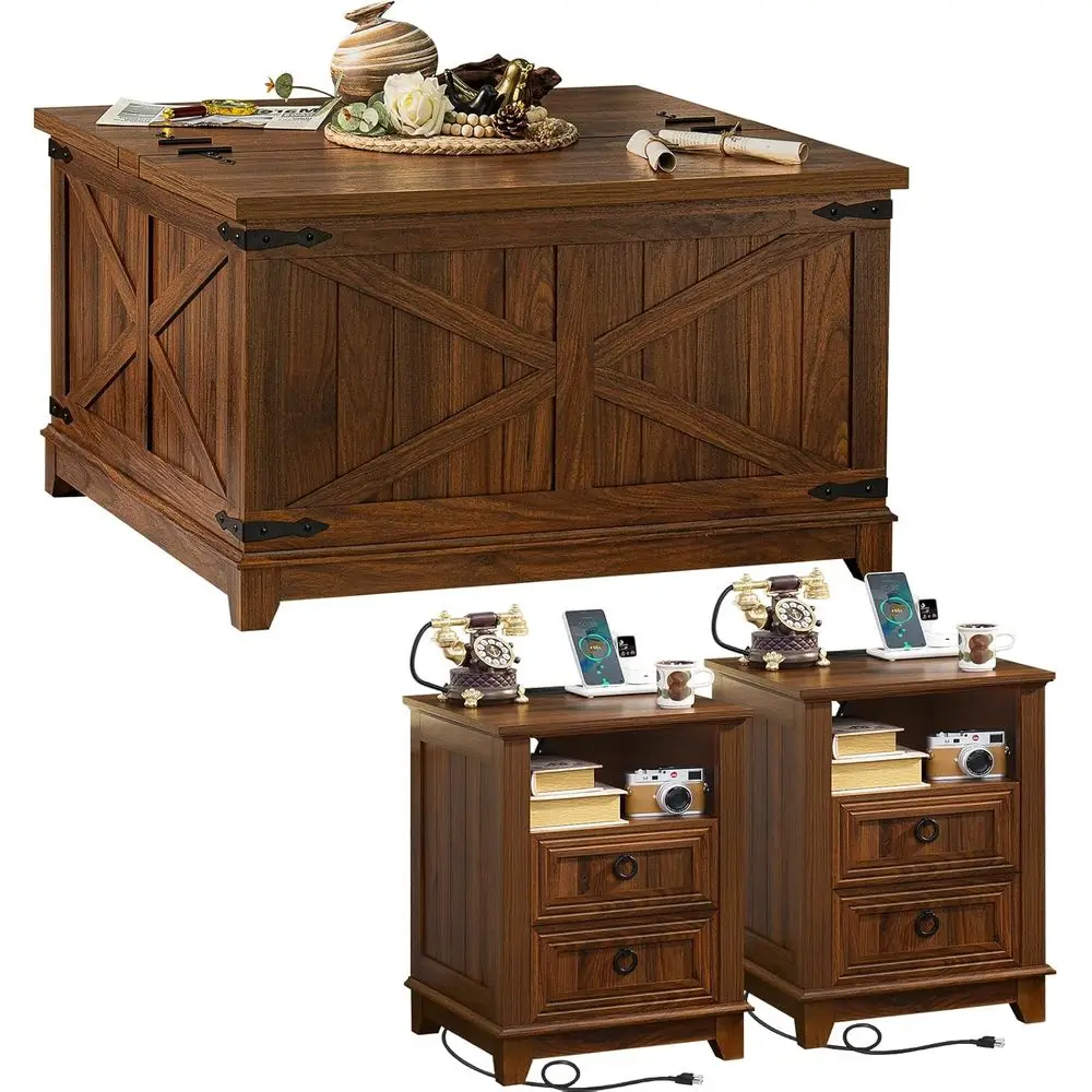 

3-Piece Coffee Table Set with Charging Station and Storage, Ideal for Living Room, Office, Home
