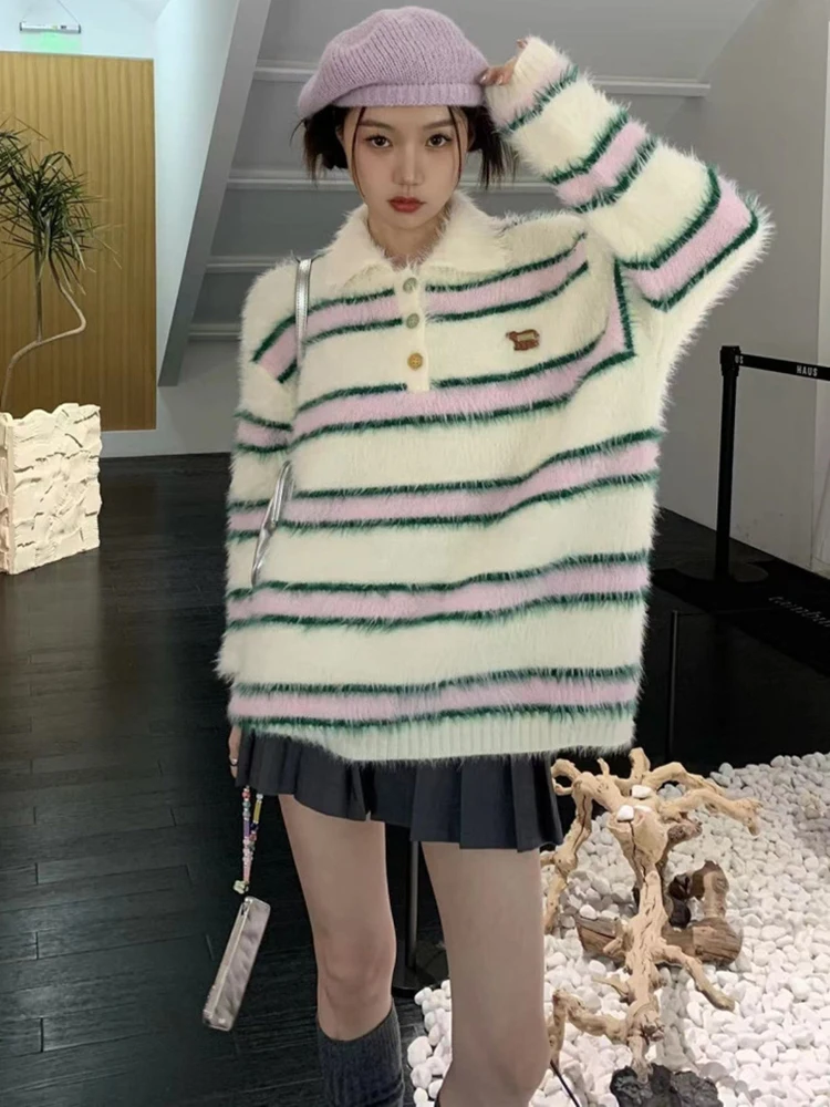 Sweet Pullovers Women Panelled Striped Soft Harajuku Fashion Ins Korean Style Young Girls Vintage Sweaters Chic Student Knitwear