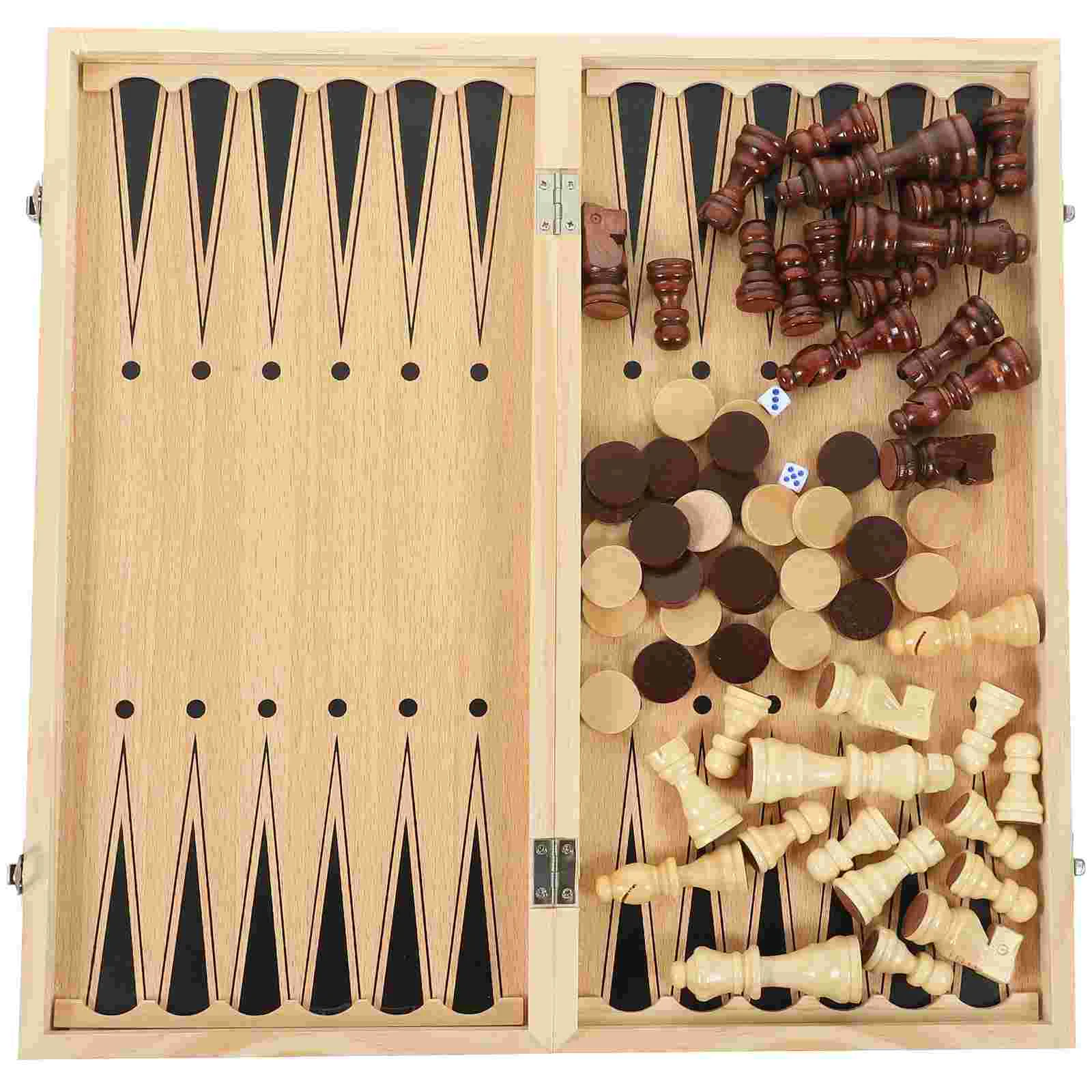 Three in One Chess Wooden Backgammon Puzzle Educational Toy Checkers Three-in-one Board